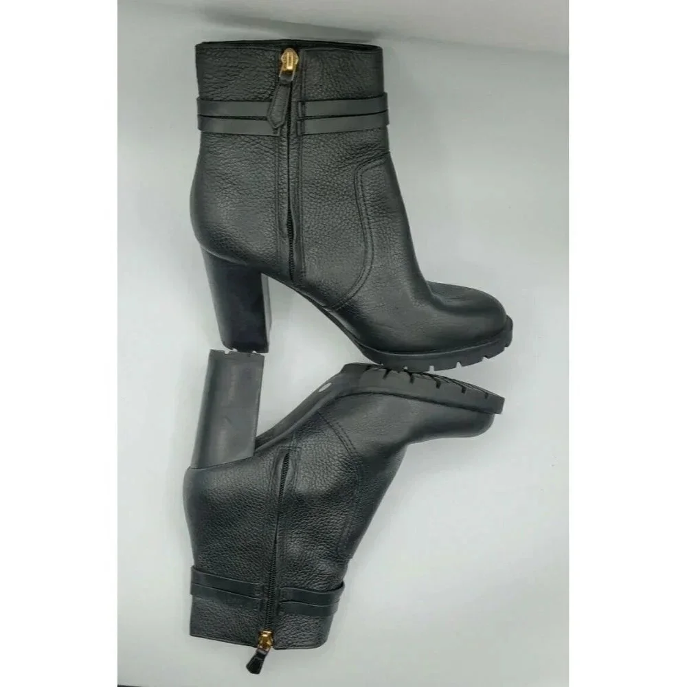 Tory Burch Leigh Black Leather Lug Sole With Logo Boots River Rock SZ 7.5   NWOB